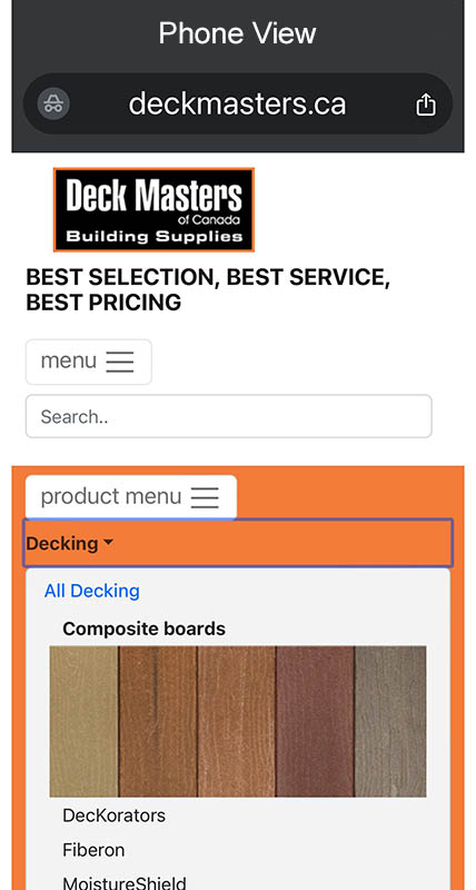 web design example phone layout, Deck Masters of Canada Building Supplies
